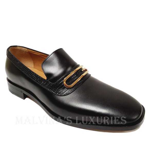 GUCCI SHOES MENS GEOMETRIC G LOGO BLACK LEATHER LOAFERS w LIZARD sz 10 10.5 - Picture 7 of 15